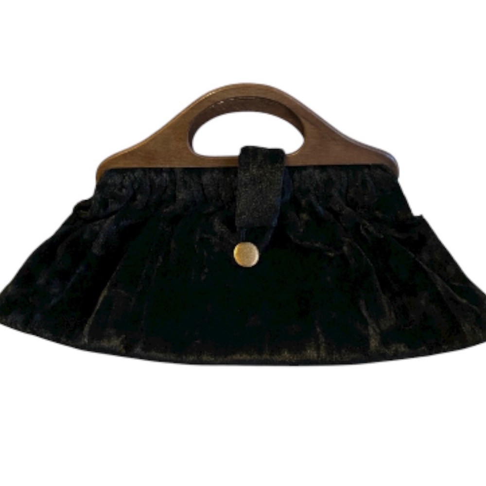 Vintage Mod Black Velvet Wood Handle Clutch